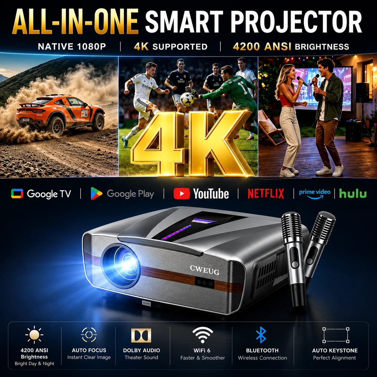新型4K E9 UHDプロジェクター スマート 4200AN - Home Cinema Karaoke Projector のレビューと価格